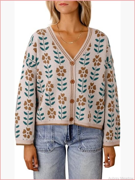 Sweaters - Floral Print V-Neck Cardigan Open Front Button Down Knit Sweater Long Sleeve